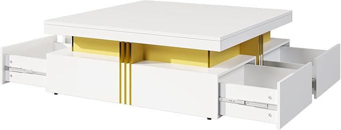 Merax 43.3" Modern Glossy Square Storage Coffee Table with 4 Drawers, Gold Accents, Functional Center Tables for Living Room Apartment, Glossy White