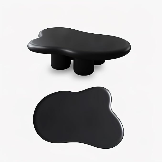 48 Inch Cloud Coffee Table, Modern Black Coffee Table for Living Room, Large Wood Coffee Side Table with Irregular Tabletop and 4 Sturdy Legs for Home Office Bedroom