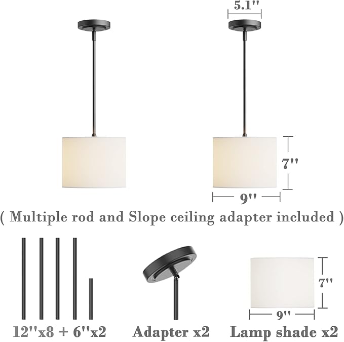 Electro bp;9" Dia White Linen Drum Shade Hanging Pendant Light Fixture with Black Pole Kit,E26,Hardwired,2-Pack;
