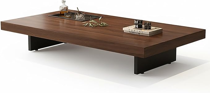Modern Rectangular Coffee Table for Living Room, Low Profile Wood Center Table with 2" Thick Tabletop & Optional Storage Tray, Sturdy Minimalist Design (31.5"/39.4" Black/Walnut)