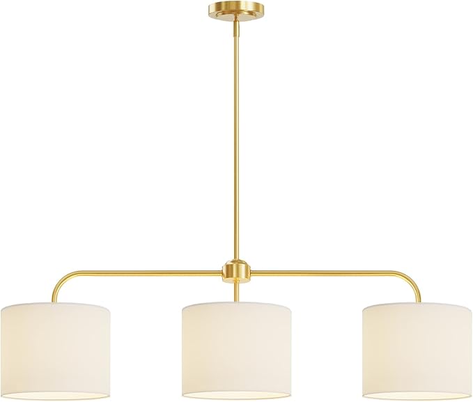 3-Light White Linen Drum Shade Chandelier with Polished Gold Metal Linear Pendant Light Fixture for Kitchen Island, Dining Table, E26, 180W