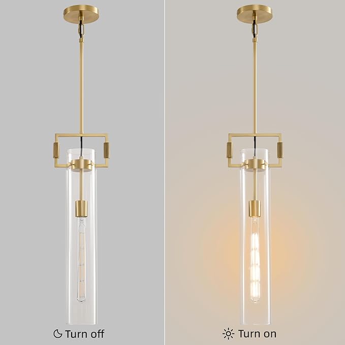 Modern Gold Glass Pendant Light: Knurled Brass Pendant Lights Kitchen Island Set of 2 - Minimalist Pendants Lighting Fixtures with Long Tube - Dimmable Hanging Light Fixture over Table Bulb included