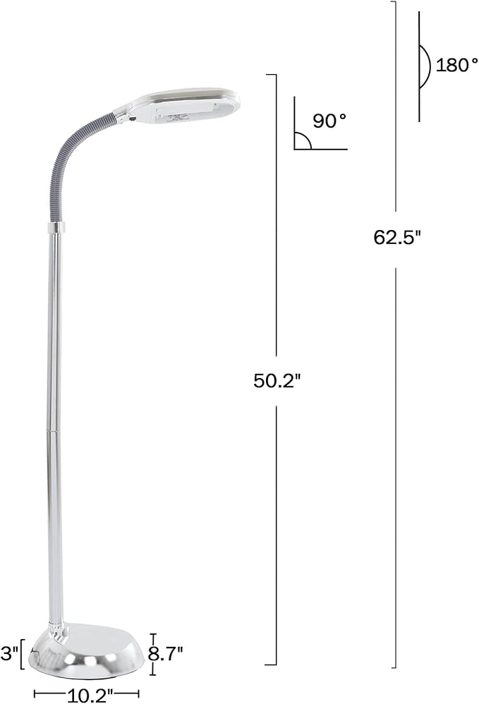 Lavish Home Floor Lamp - Full Spectrum Natural Sunlight Lamp with Bendable Neck - Reading, Craft, Studying, and Esthetician Light (Chrome)