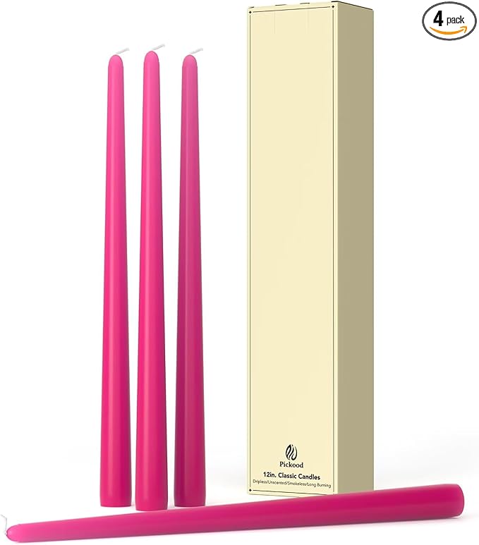 12-Inch Tall Dripless Taper Candles Set of 4 - Hot Pink Tapered Candles, Perfect for Spring - Smokeless, Unscented, Long Burning - Hand Poured, Colored Tall Candlesticks - neon Pink