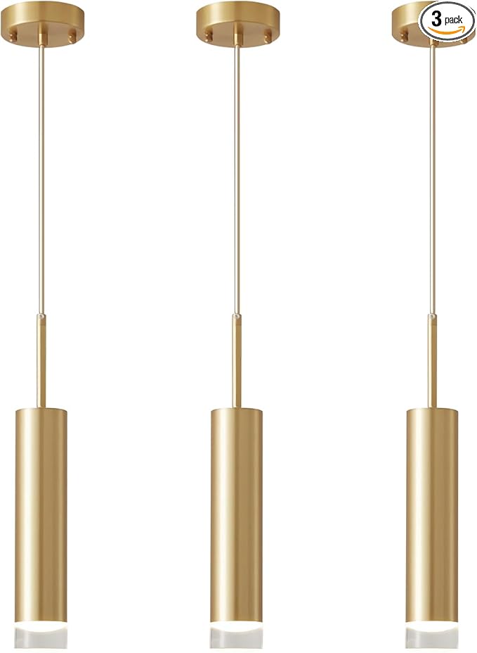 KCO Lighting Industrial Gold LED Long Tube Pendant Light Mid Century Modern Bushed Brass Mini Cylinder Pendent Lights Kitchen Island Small Hanging Ceiling Light Fixtures 3 Pack