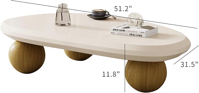 51.18" Large Cloud Coffee Table for Living Room, Oval Wood Coffee Table with 3 Brown Ball Legs, Unique Modern Living Room Table Center Table for Home Office, White