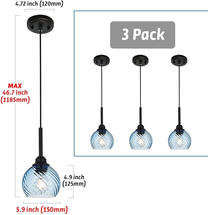 3 Pack Dining Room Light Fixture with Blue Striped Swirl Globe Glass, Stylish Kitchen Island Hanging Pendant Light Black for Bar Hallway Bedroom, 1-Light