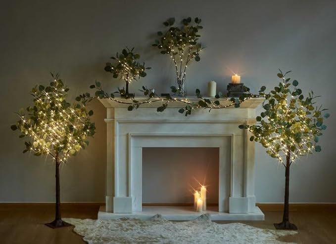 Hairui Lighted Artificial Eucalyptus Garland 6FT 96 LED Battery Operated Faux Vine Lights with Timer for Spring Wedding Backdrop Wall Decoration