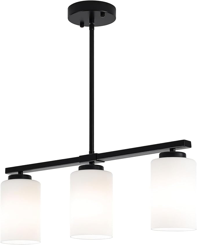 3-Light Modern Island Lights for Kitchen, Black Dining Room Light Fixtures Farmhouse Linear Chandeliers Over Table, White Frosted Glass Adjustable Hanging Light Kitchen Pendant Lighting Over Island
