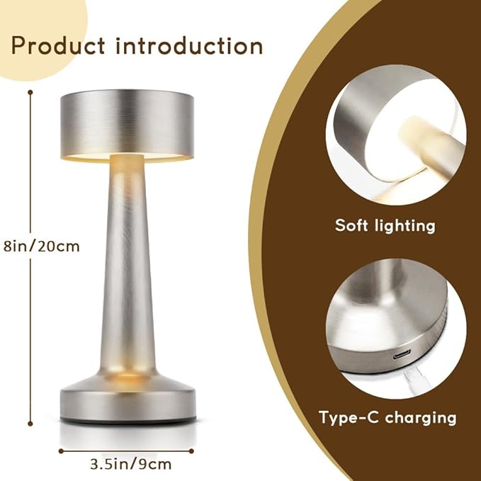 Portable LED Table Lamp, 3-Levels Brightness Metal Desk Lamp,3 Color Touch Control Rechargeable lamp, Ideal Bedside Lamp for Nightstand,Bedroom, Living Room (Silver)