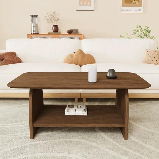 Farmhouse Coffee Table, Rectangular Living Room Table, 47'' Wooden Center Table with Storage, for Living Room, Bedroom, Rounded Corner Design, Walnut