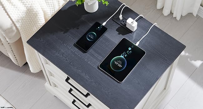 JXQTLINGMU Farmhouse End Table, 22 Inch Wide Nightstand with Drawers, Modern Side Table with Charging Station for Living Room, Off White