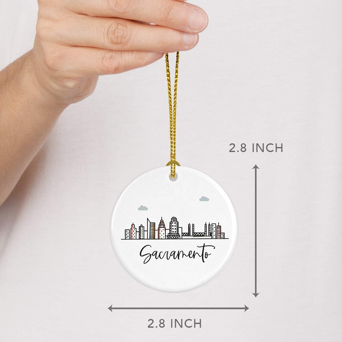 Andaz Press Round Ceramic Porcelain Christmas Tree Ornament Keepsake Gift, Sacramento, Colorful City Skyline Graphic, 1-Pack, Birthday Ideas Family Coworker Him Her, Includes Gift Box