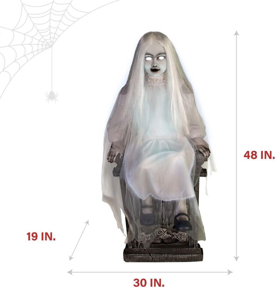 Haunted Hill Farm Motion-Activated Sitting Tombstone Girl by Tekky, Talking Animatronic for Indoor or Covered Outdoor Creepy Halloween Decorations, Plug-In or Battery Operated Prop