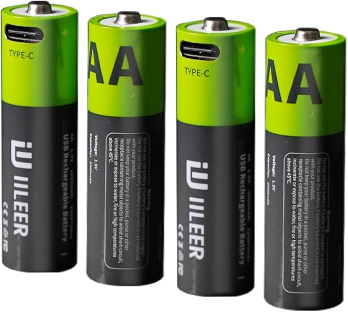 2000mAh USB-C Rechargeable AA Batteries, 1200 Cycles Life, Fast Charging with Type-C Cable, for Gaming Controllers, Mouse, Keyboard & Home Electronics, Black Green (8)
