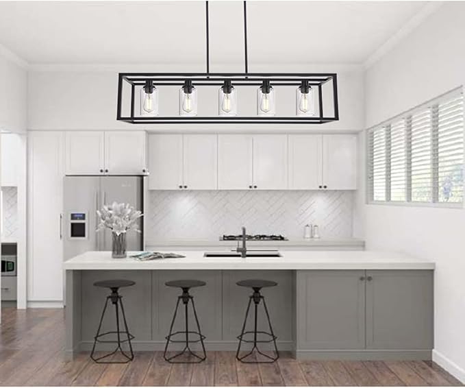 MELUCEE 36.2 Inches Length Industrial Chandelier for Kitchen Island, 5-Light Rectangle Dining Room Lighting Fixtures Hanging Black Finish, Farmhouse Pendant Light Open Metal Frame with Clear Glass