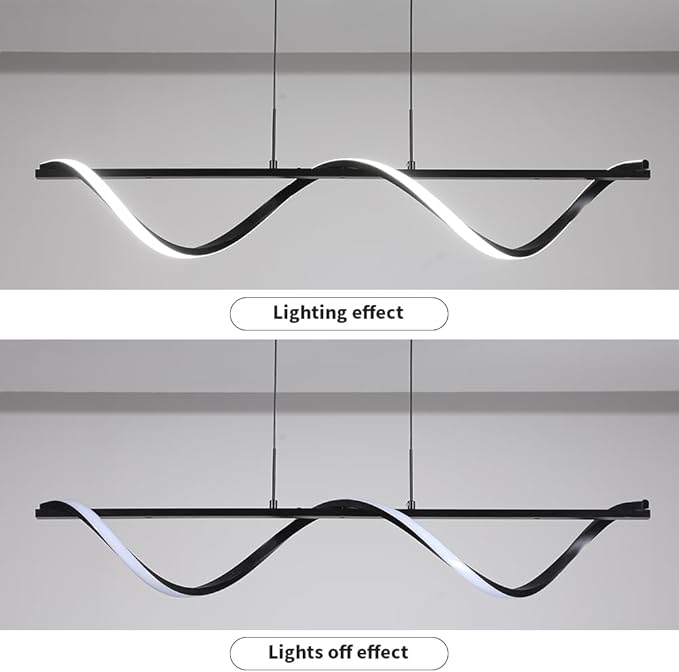 ziidoo Kitchen Island Lighting ，43.3in Dimmable Dining Room Light Fixture Over Table Linear LED Black Wave Spiral Chandeliers Modern Pendant Lights for Living Room Ceiling Hanging Light