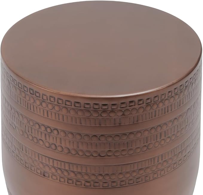 Modern Round Aluminum Hammered Embossed Texturing Metal End Table, Hand-Stamped Iron, Boho Accent Side Table, Drum Shaped, for The Living Room and Bedroom, Copper