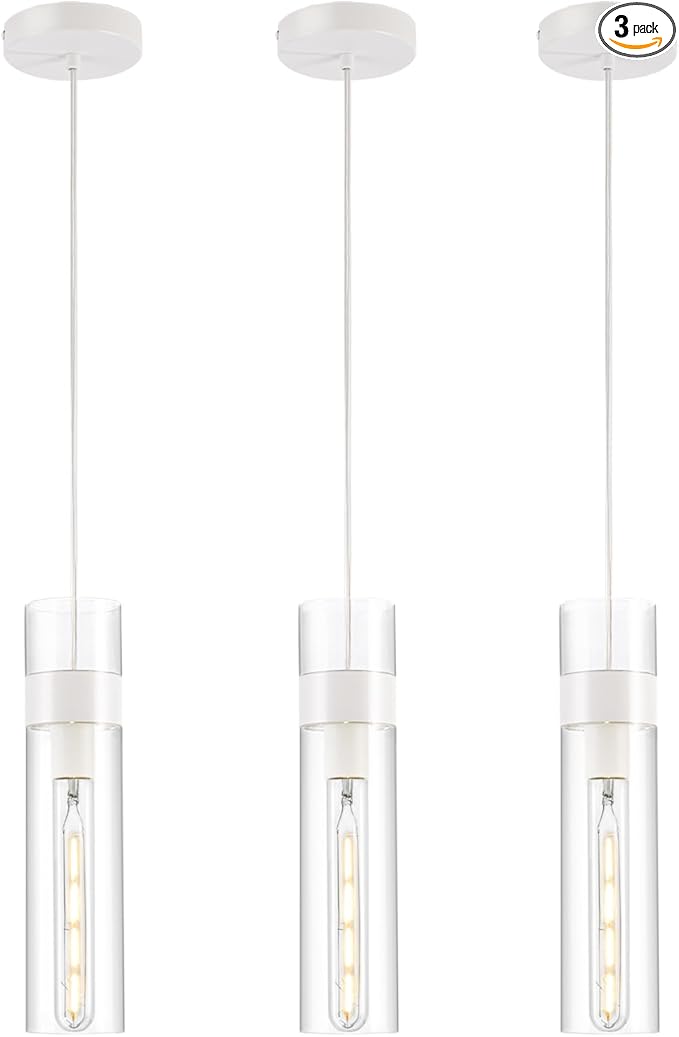 3 Pack Pendant Lights Kitchen Island (Bulbs Included), White Adjustable Modern Glass Pendant Light Over Island, Industrial Pendant Light Fixtures for Dining Room Hallway Bedroom Living Room