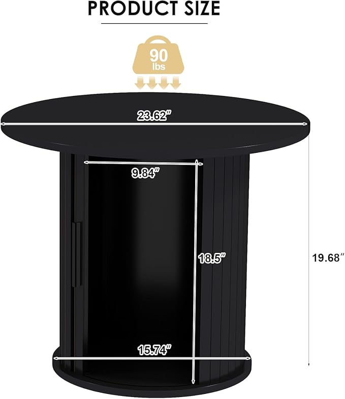 COSVALVE Round Wood Coffee Table 23.6IN with Hidden Storage & Sliding Door, Circle Farmhouse Side Table Sets for Living Room, Bedroom, Balcony, Small Spaces, Black