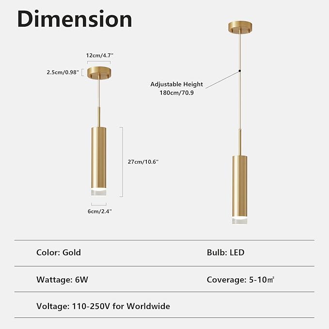KCO Lighting LED Gold Mini Pendant Light Modern Kitchen Island Ceiling Hanging Light Fixtures Small Cylinder Ceiling Pendant Lighting for Bedroom, Dinning Room (Gold)