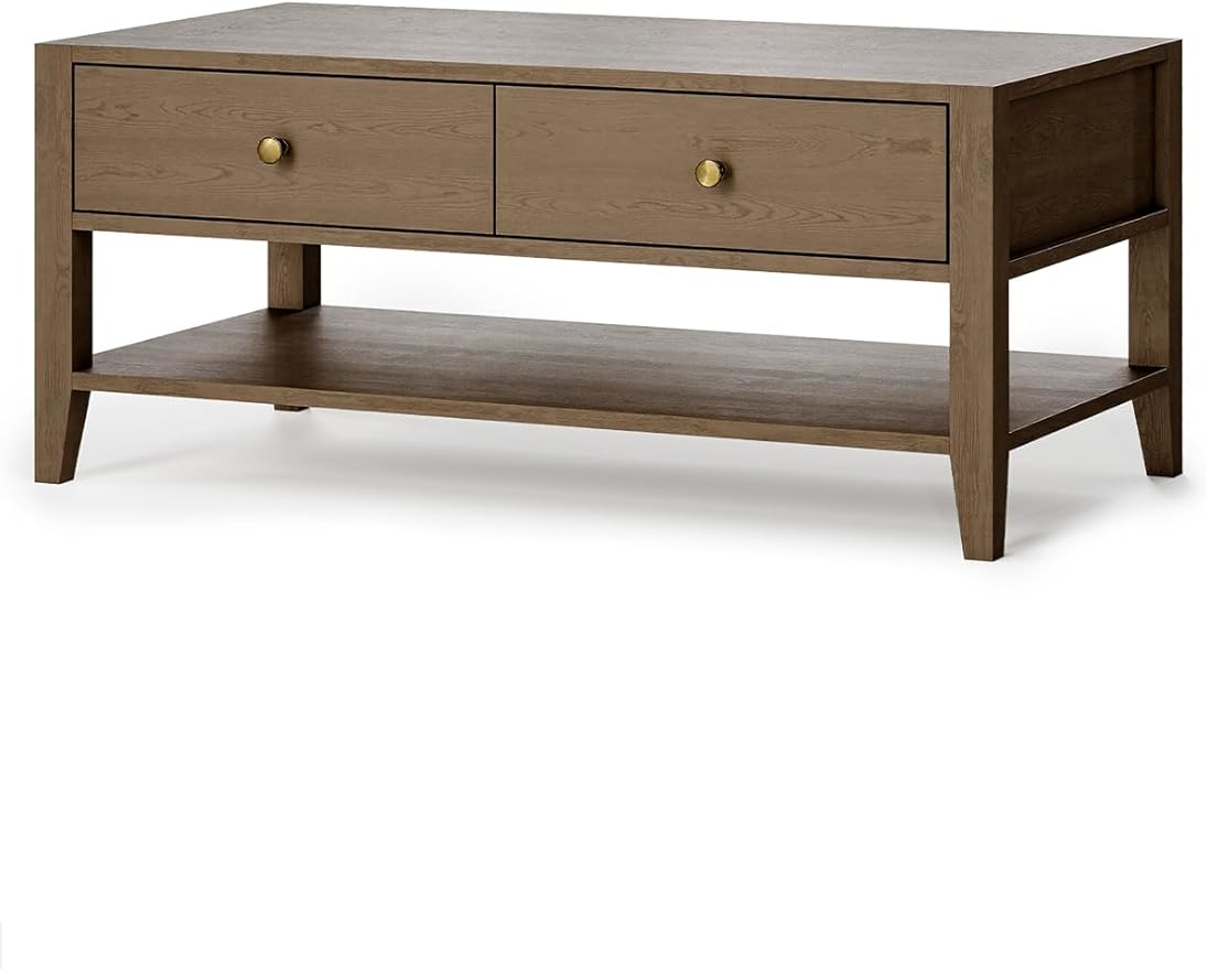 42" Farmhouse Coffee Table with Storage, Solid Wood Coffee Table for Living Room, Rectangle Coffee Table Center Table for Home Office Apartment, Easy to Assemble, Walnut