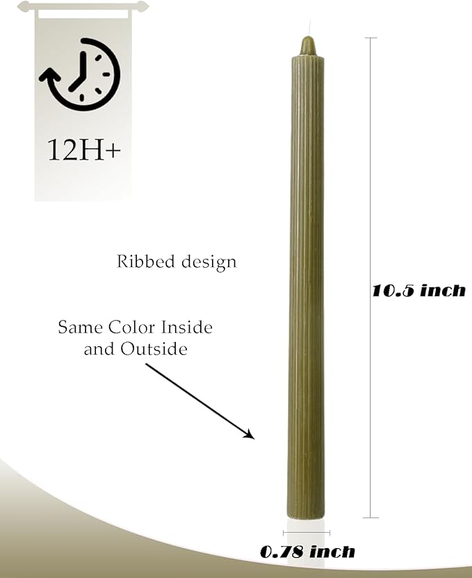 Olive Ribbed Taper Candles 10.5 inch Green Tapered Candles Ideal as Dinner Candle Smokeless and Unscented Candle Sticks Long Burning,Set of 12