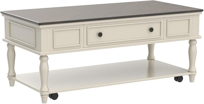Polibi Coffee Table with Large Storage Drawer, Retro Movable Rectangular Cocktail Table with 4 Caster Wheels for Livingroom, Easy Assembly (Grey+White)