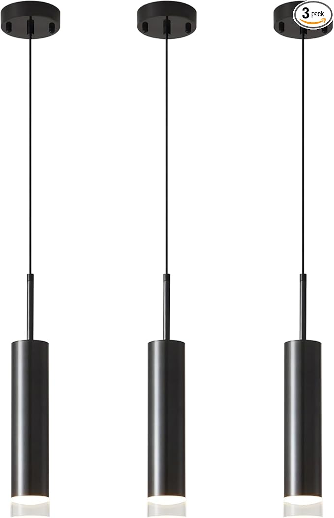 KCO Lighting Mid Century Modern Black Metal LED Pendant Light Nordic Minimalist Cylinder Hanging Kitchen Island Lighting Adjustable Mini Farmhouse Long Tube Dining Pendant Lighting