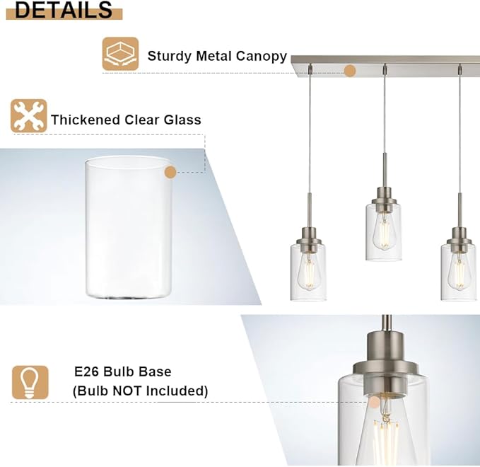 6-Lights Pendant Lighting for Kitchen Island in Brushed Nickel, Ceiling Light Fixtures with Adjustable Hanging Wire & Clear Glass Shades
