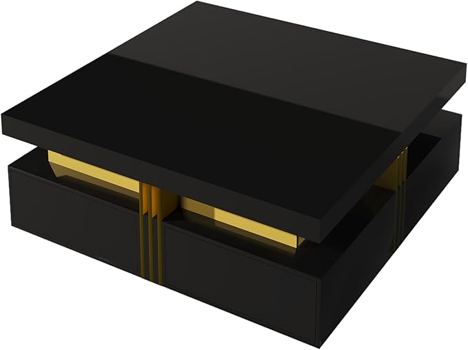 Merax 43.3" Modern Glossy Square Storage Coffee Table with 4 Drawers, Gold Accents, Functional Center Tables for Living Room Apartment, Glossy Black