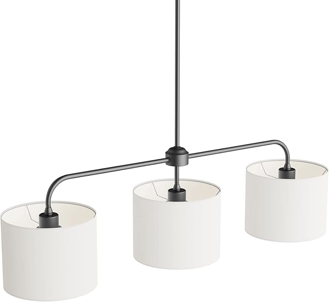 Electro bp;40" W 3-Light White Linen Drum Shade Chandelier with Black Metal Linear Pendant Light Fixture for Kitchen Island,Dining Table,E26,180W;