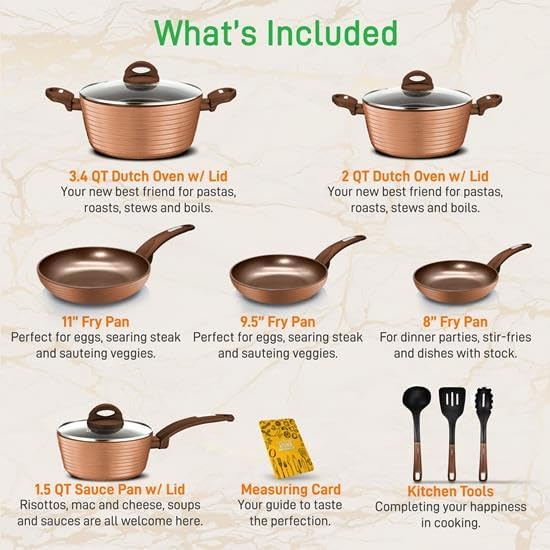 NutriChef 12-Piece Hard Anodized Nonstick Cookware Set - Induction Ready Pots & Pans with Elegant Ridge-Line Pattern, Heat-Resistant Lacquer, Brown