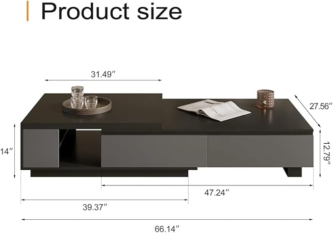 66.14 Inch Coffee Table, Modern Retractable Storage Coffee Table, Rectangular Living Room Table with 4 Drawers Storage for Living Room, Home Office, Black Grey