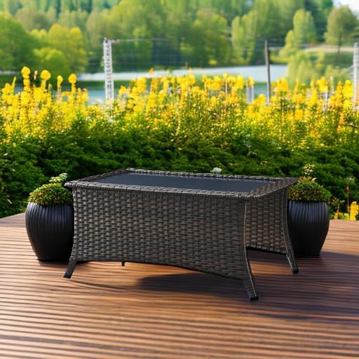 Rilyson Patio Tables Wicker Coffee Table - Outdoor Rattan Coffee Tables with Glass Top for Patio Proch Deck Balcony Rectangle Brown