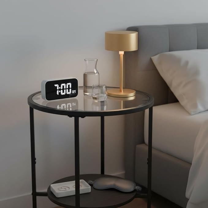 Tempered Glass Side Table with Storage Shelf for Small Spaces,16.15" 2 Tier Round Glass End Table, Small Side Table with Storage for Living Room,Round Bedside Table for Bedroom (Black)
