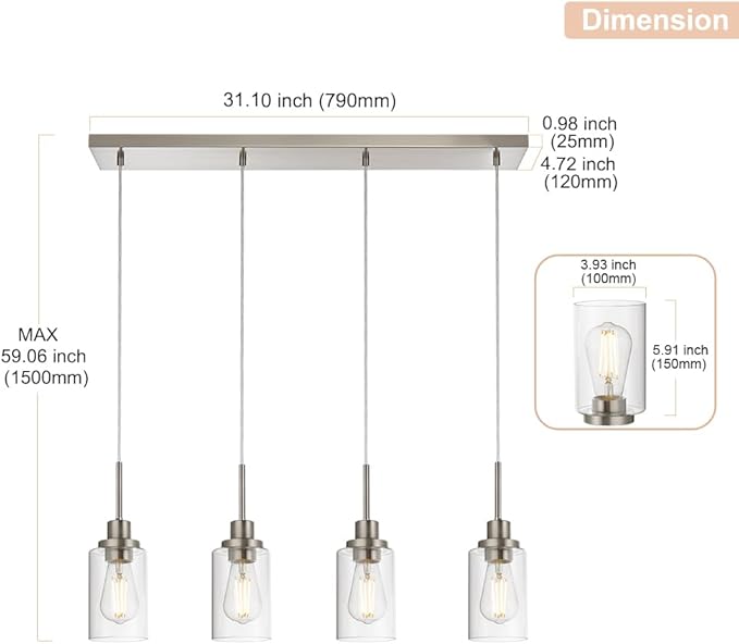 4-Lights Pendant Light Fixtures, Modern Brushed Nickel Kitchen Island Lighting with Clear Glass Shade, Adjustable Hanging Ceiling Lamp