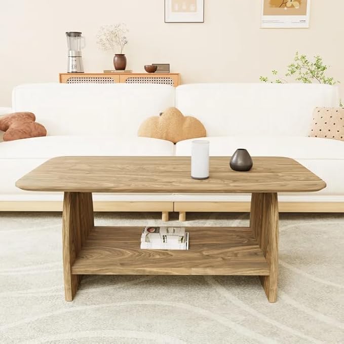 Farmhouse Coffee Table, Rectangular Living Room Table, 47'' Wooden Center Table with Storage, for Living Room, Bedroom, Rounded Corner Design