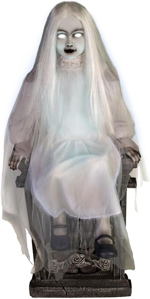 Haunted Hill Farm Motion-Activated Sitting Tombstone Girl by Tekky, Talking Animatronic for Indoor or Covered Outdoor Creepy Halloween Decorations, Plug-In or Battery Operated Prop