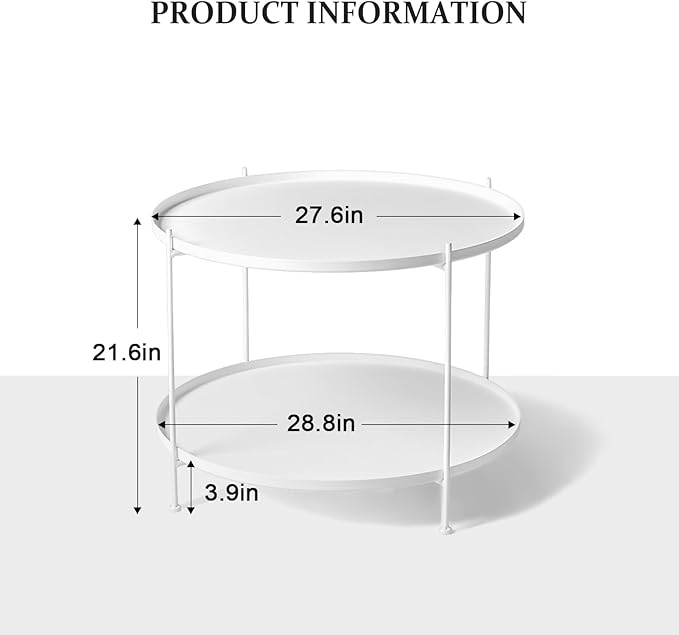 Modern Metal Table,Round Coffee Table with Storage Indoor/Outdoor, Coffee Tables for Living Room (White, 2-Tier 27.6")