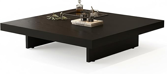 Modern Square Coffee Table for Living Room, Low Profile Wood Center Table with 2" Thick Tabletop & Optional Storage Tray, Sturdy Minimalist Design (31.5"/39.4" Black/Walnut)