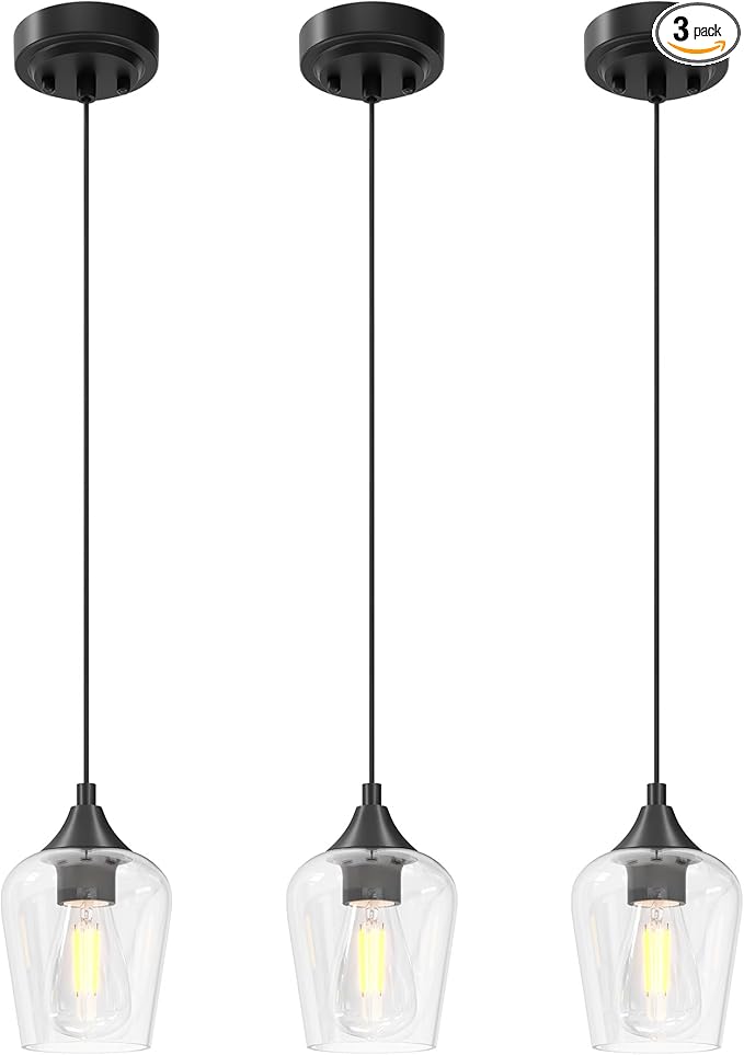 VONLUCE Pendant Lights Kitchen Island, Matte Black Pendant Light Fixtures with E26 Base & Adjustable Cable, Modern Pendant Lighting with Glass Shade for Living Room Bedroom Hallway, 3 Packs