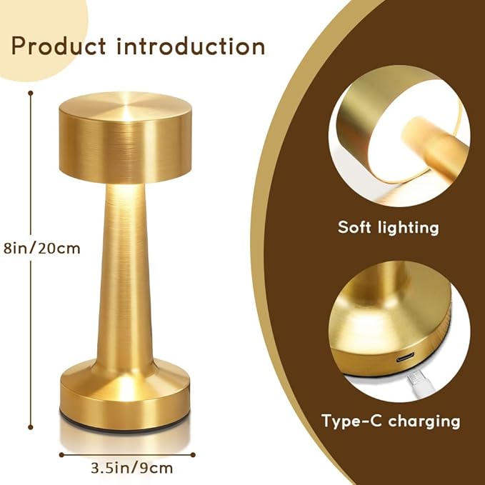 Portable LED Table Lamp, 3-Levels Brightness Metal Desk Lamp,3 Color Touch Control Rechargeable Lamp, Ideal Bedside Lamp for Nightstand,Bedroom, Living Room (Light Gold)
