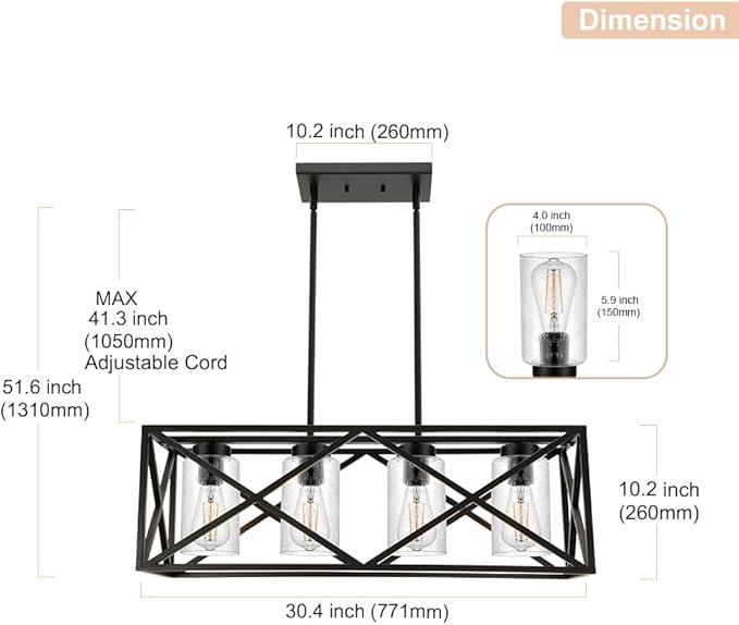 4-Lights Black Farmhouse Rectangle Chandelier Dining Room Light Fixtures, 30.4-Inches Length Contemporary Kitchen Island Pendant Lighting with Seeded Glass Lampshades