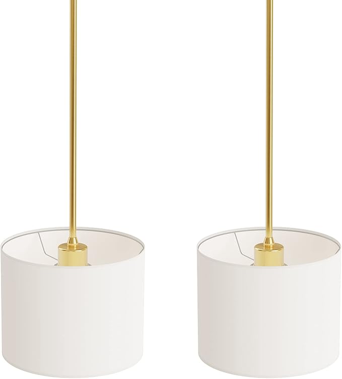 Electro bp;9" Dia White Linen Drum Shade Hanging Pendant Light Fixture with Polished Gold Pole Kit,E26,Hardwired,2-Pack;