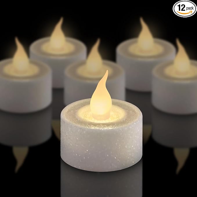 FURORA LIGHTING White Glitter LED Tealight Candles Pack of 12, Flameless Flickering Tealight Candles for Home Décor, 1.5’’(W) x 1.65’’(H), Battery Operated