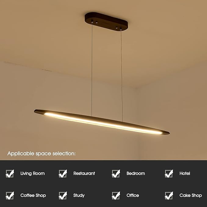39" Wood Linear Pendant Light LED Dimmable Hanging Light Dinning Room Light Fixture Island Lights 24w for Dining Room Kitchen Island Bar Walnut Color