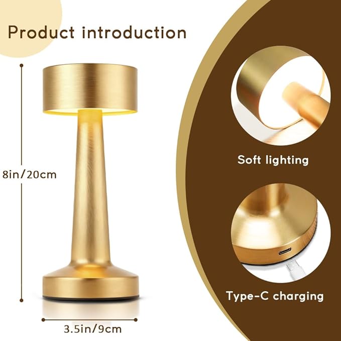 Portable LED Table Lamp, 3-Levels Brightness Metal Desk Lamp,3 Color Touch Control Rechargeable Lamp, Ideal Bedside Lamp for Nightstand,Bedroom, Living Room (Light Gold)