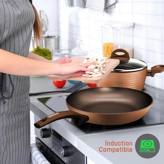 NutriChef 12-Piece Hard Anodized Nonstick Cookware Set - Induction Ready Pots & Pans with Elegant Ridge-Line Pattern, Heat-Resistant Lacquer, Brown