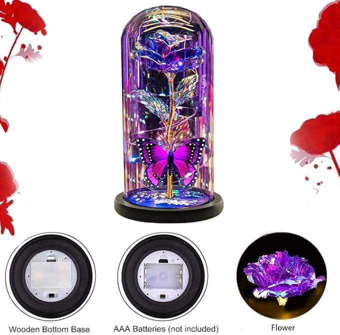 Christmas Flowers Gifts for her Women Mom Wife,Womens Gifts for Christmas, Rose Flowers Gift Light Up Rose in Glass Dome,Birthday Gifts for Woman Purple